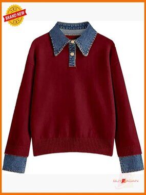 Oversized Denim Collar Pullover Sweater Long Sleeve Cable Knit